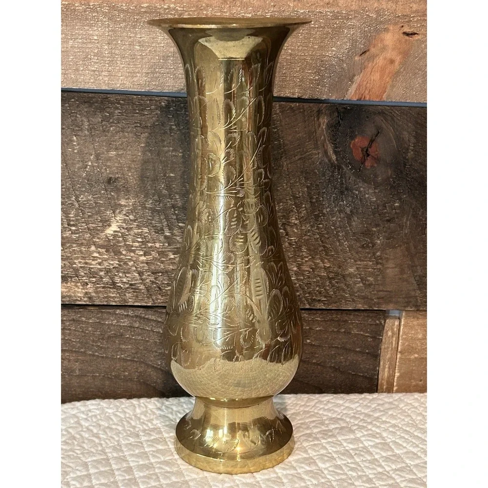 Solid Brass Vase Etched Floral Leaf Design 9.5